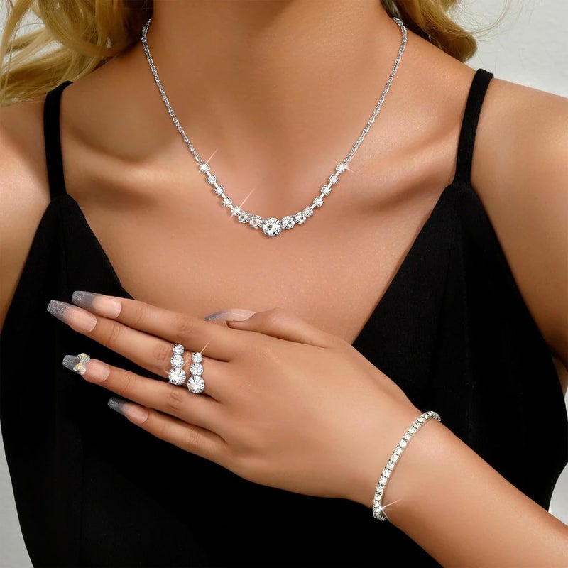 Jstyle Silver Plated Jewelry Set for Women Rhinestone Crystal Necklace Drop Earrings Link Bangle Bracelet Bridal Wedding Jewelry Sets for Brides Bridemaid Prom Costume Accessories - Image 2